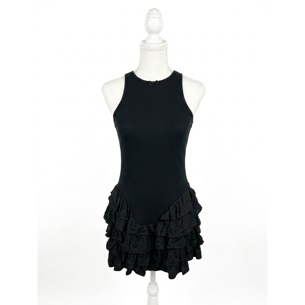 Steve Madden Clea Dress Black Ribbed Ruffle Tiered Mini Dress MP208903 Mens S - Picture 1 of 9